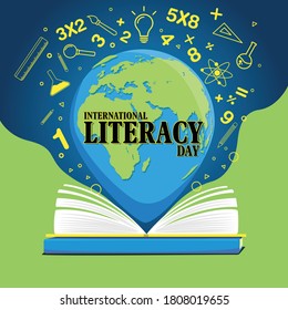 international literacy day flat illustration with world with open books.