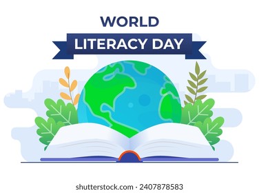 Banner de ilustración vectorial plana del Día Internacional de la Alfabetización con libro abierto y globo, 8 de setiembre, libros de lectura, celebración del Día Mundial de la Alfabetización, ¡Feliz Día de la Alfabetización!