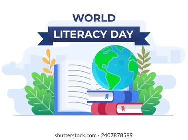 Banner de ilustración vectorial plana del Día Internacional de la Alfabetización con libro abierto y globo, 8 de setiembre, libros de lectura, celebración del Día Mundial de la Alfabetización, ¡Feliz Día de la Alfabetización!