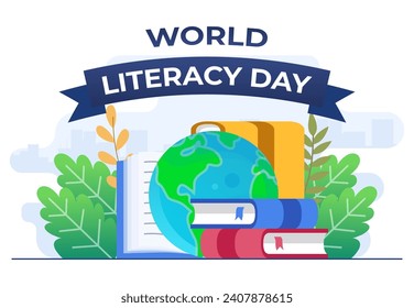 Cartel de ilustración vectorial del Día Internacional de la Alfabetización plana con libros y globos, 8 de setiembre, libros de lectura, celebración del Día Mundial de la Alfabetización, ¡Feliz Día de la Alfabetización!