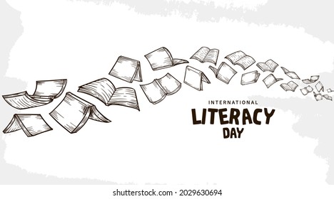 international literacy day with flying books isolated on white background