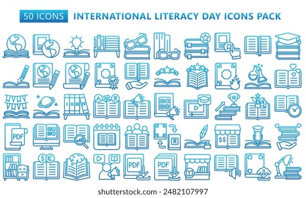 International Literacy Day gradient outline icons pack. contain book  literacy, library, e book, dictionary, education theme and more. Use for modern concept, web and app development. Vector EPS 10.