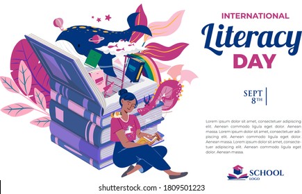 International Literacy Day greeting card illustration-girl reading book-colorful cartoon animal characters-2nd September-education holiday