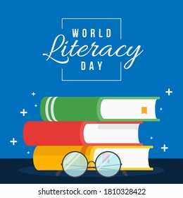 International Literacy Day greeting card illustration-green, red and orange color books with eyeglass-blue background