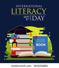 International Literacy Day greeting card illustration-creative isometric design-books-degree cap-cartoon characters- creative concept for Literacy education holiday