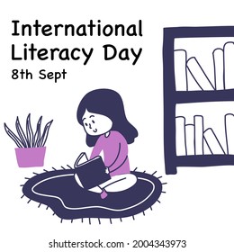 International Literacy Day greeting card illustration of girl reading a book - vector
