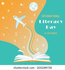 International Literacy Day greeting card illustration of open book with airplane and other knowledge with pastel colors.