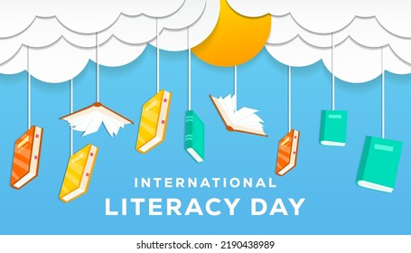 international literacy day hanging books on cloud in cut paper style