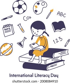 International literacy day illustration of kid reading a book - vector