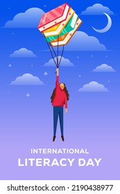 International literacy day illustration with woman flying with books