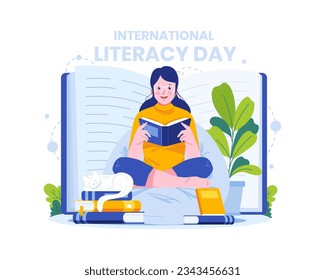 Ilustración del Día Internacional de la Alfabetización. Una mujer leyendo un libro mientras está sentada, una chica con libro. Conocimiento, aprendizaje y concepto de educación