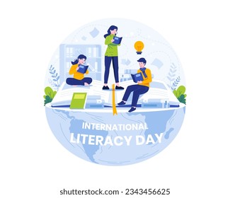 International Literacy Day Illustration. Young People Celebrate Literacy Day by Reading Books