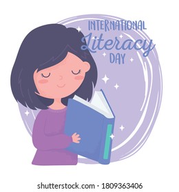 international literacy day, knowledge girl reading book in hands vector illustration