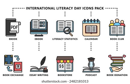 International Literacy Day lineal multi color icons pack. contain book  literacy, library, e book, dictionary, education theme and more. Use for modern concept, web and app development. Vector EPS 10.