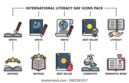 International Literacy Day lineal multi color icons pack. contain book  literacy, library, e book, dictionary, education theme and more. Use for modern concept, web and app development. Vector EPS 10.