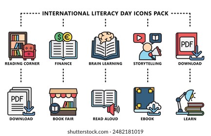 International Literacy Day lineal multi color icons pack. contain book  literacy, library, e book, dictionary, education theme and more. Use for modern concept, web and app development. Vector EPS 10.