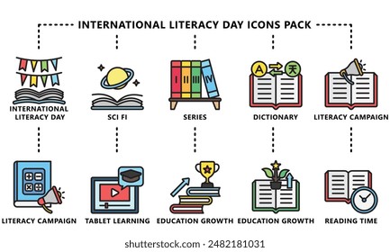 International Literacy Day lineal multi color icons pack. contain book  literacy, library, e book, dictionary, education theme and more. Use for modern concept, web and app development. Vector EPS 10.