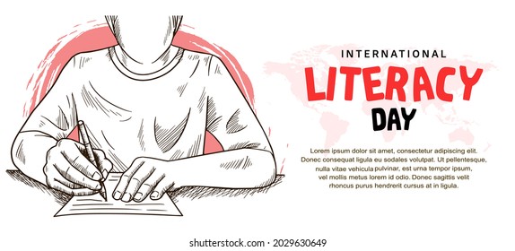 international literacy day with man writing illustration and pink brush isolated on white background