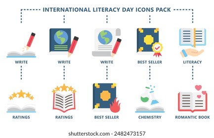 International Literacy Day multi color icons pack. contain book  literacy, library, e book, dictionary, education theme and more. Use for modern concept, web and app development. Vector EPS 10.