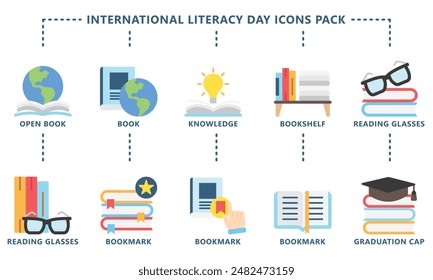 International Literacy Day multi color icons pack. contain book  literacy, library, e book, dictionary, education theme and more. Use for modern concept, web and app development. Vector EPS 10.