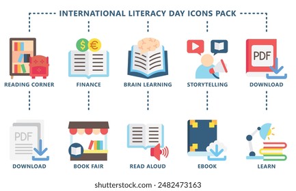 International Literacy Day multi color icons pack. contain book  literacy, library, e book, dictionary, education theme and more. Use for modern concept, web and app development. Vector EPS 10.