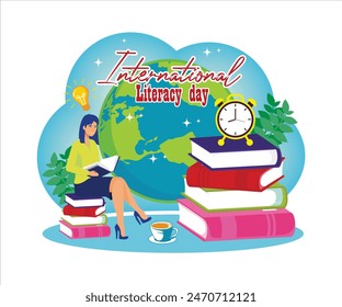 International Literacy Day on 8th September with Book and Educational Equipment. Flat vector modern illustration 