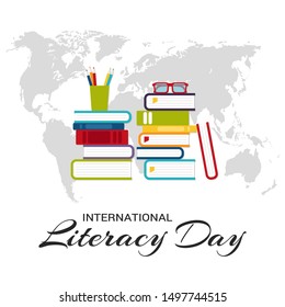 International Literacy Day on September. Flat cartoon colorful vector illustration of stack of books, pencils and glasses
