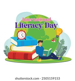 International Literacy Day on September 8 with Books and Educational Equipment. flat vector modern illustration 