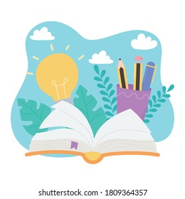 international literacy day, open book pencils in cup idea, leaves background vector illustration