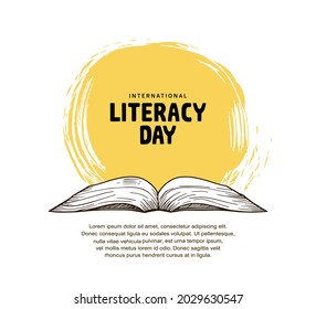 International Literacy Day With Open Book Illustration, Yellow Brush And White Background