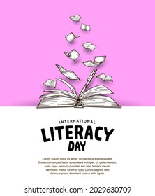 international literacy day with open book and flying book, pink background for poster, banner and greeting card