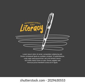 international literacy day with pen writing line illustration isolated on black background