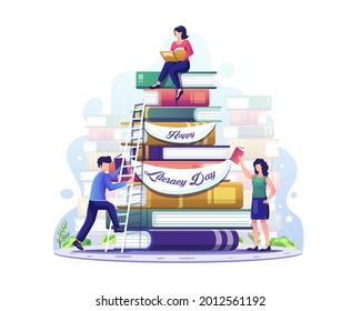 Día Internacional de la Alfabetización. La gente recoge libros para leer juntos el Día de la Alfabetización. Ilustración vectorial plana