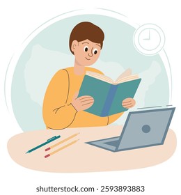 International Literacy Day. Pupil or student, boy sitting at table and reading book, laptop, pencils, pen, globe on background, clock. Global education concept, study abroad, international schools. 