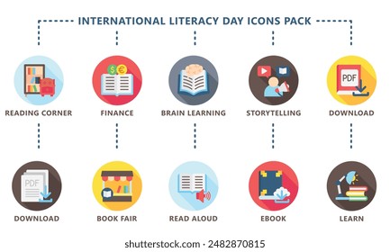 International Literacy Day rounded color icons pack. contain book  literacy, library, e book, dictionary, education theme and more. Use for modern concept, web and app development. Vector EPS 10.