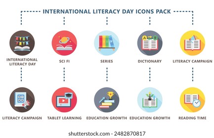 International Literacy Day rounded color icons pack. contain book  literacy, library, e book, dictionary, education theme and more. Use for modern concept, web and app development. Vector EPS 10.