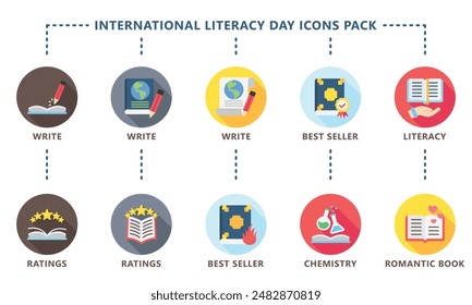 International Literacy Day rounded color icons pack. contain book  literacy, library, e book, dictionary, education theme and more. Use for modern concept, web and app development. Vector EPS 10.