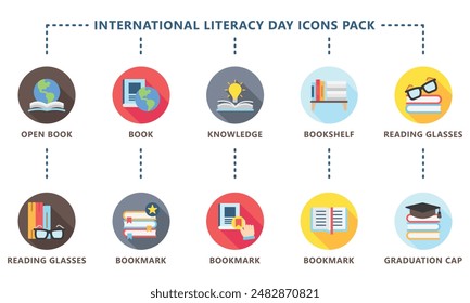 International Literacy Day rounded color icons pack. contain book  literacy, library, e book, dictionary, education theme and more. Use for modern concept, web and app development. Vector EPS 10.