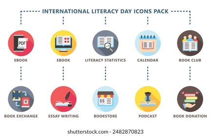 International Literacy Day rounded color icons pack. contain book  literacy, library, e book, dictionary, education theme and more. Use for modern concept, web and app development. Vector EPS 10.