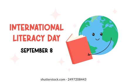 International Literacy Day September 8 celebration. Cute cartoon Earth planet holding and reading open book. Vector flat illustration. Holiday poster, banner, card