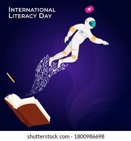 International Literacy Day. Shows lots of letters and numbers coming out of the book into astronaut form.