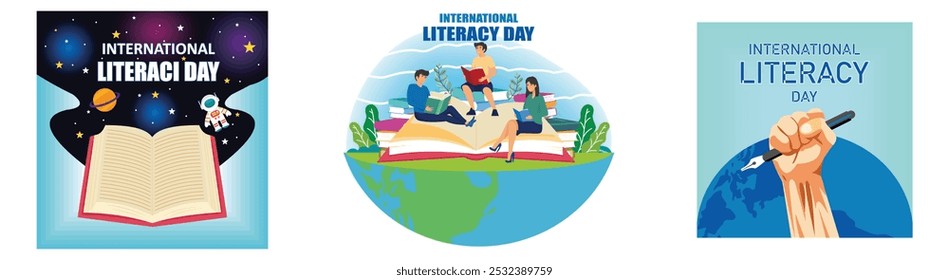 International Literacy Day Square with open book and outer space. World Literacy Day. International Literacy Day design template good for celebration. Set flat vector modern illustration