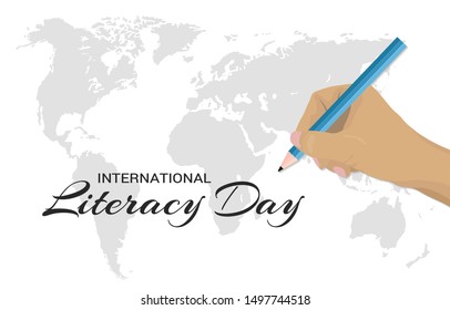 International literacy Day Vector Design. Illustration of hand with a pencil and world map on background