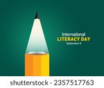 International Literacy Day Vector illustration of open book with alphabet letters and earth. Children education background or learning event concept.