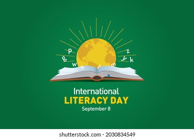 International Literacy Day Vector illustration of open book with alphabet letters and earth. Children education background or learning event concept.