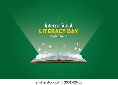 International Literacy Day Vector illustration of open book with alphabet letters and earth. Children education background or learning event concept.