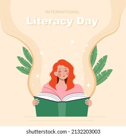 International Literacy Day vector illustration poster. Woman reading a book or studying. Book lovers, readers, modern literature fans banner template. Education background or learning event concept.