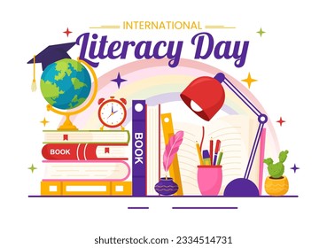 International Literacy Day Vector Illustration on 8th September with Book and Educational Equipment in Education Holiday Cartoon Hand Drawn Templates