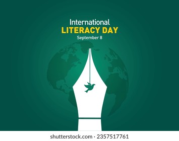 International Literacy Day Vector illustration of open book with alphabet letters and earth. Children education background or learning event concept.