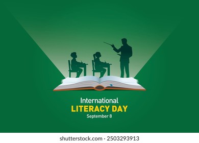 International Literacy Day Vector illustration of open book with alphabet letters and earth. Children education background or learning event concept.